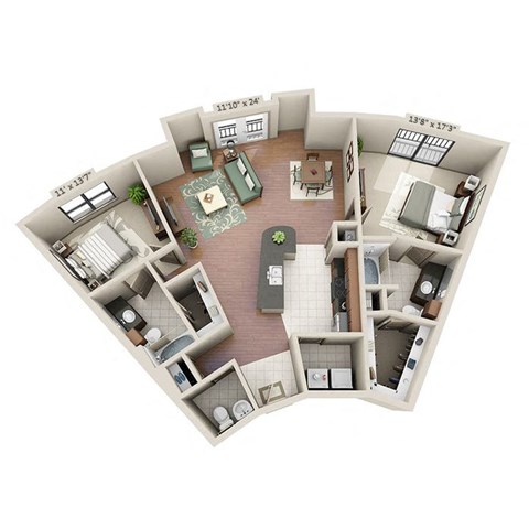A 3D floor plan of a house with a living room, kitchen, dining room, and two bedrooms.